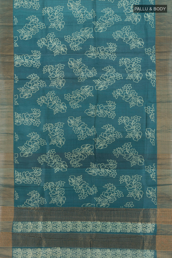 Flat view of Davys Grey Tussar Silk Saree with Floral Print on the body and Silk Border. 
