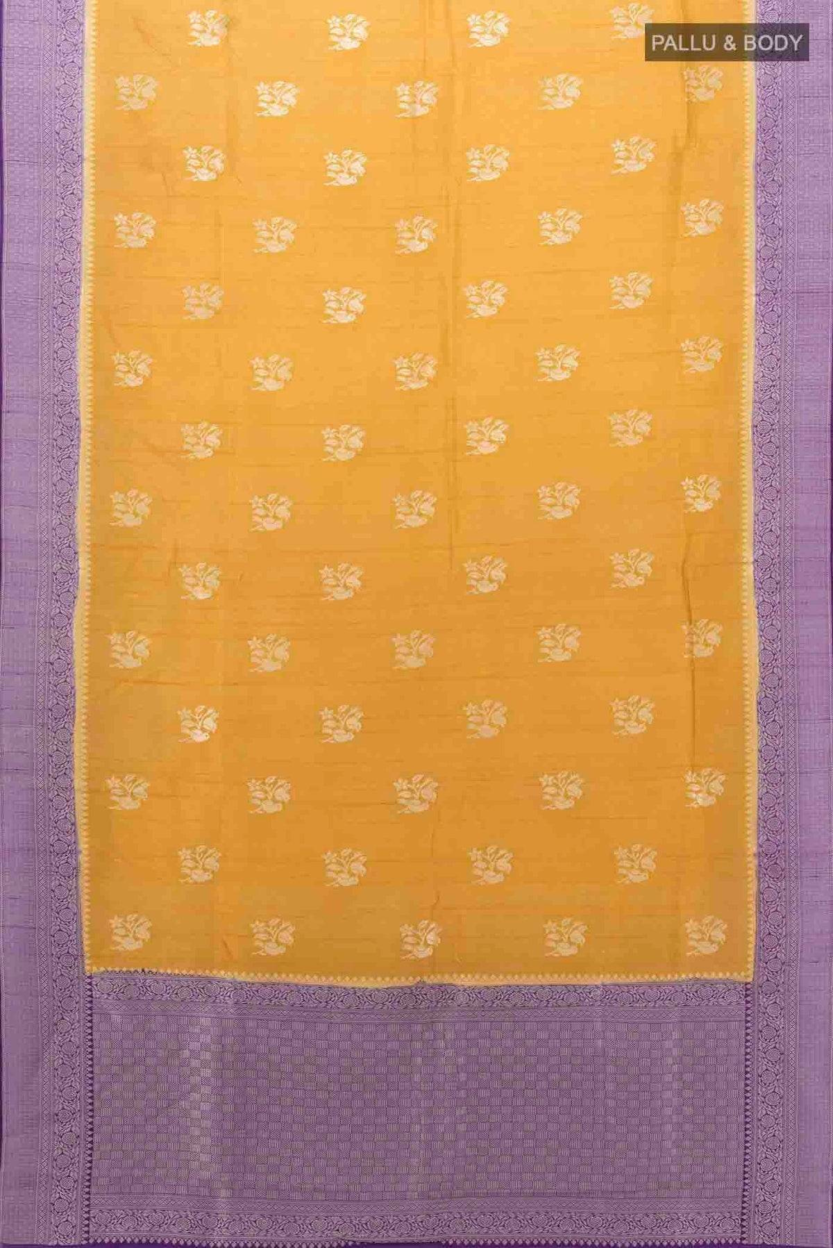 Flat view of Yellow Blended Art Silk Saree with Zari Butta on the body and Zari Border