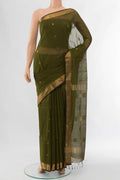 Mehandi Green Maheshwari Silk Cotton Saree with Zari Butta on the body and Silk Border displayed on a mannequin
