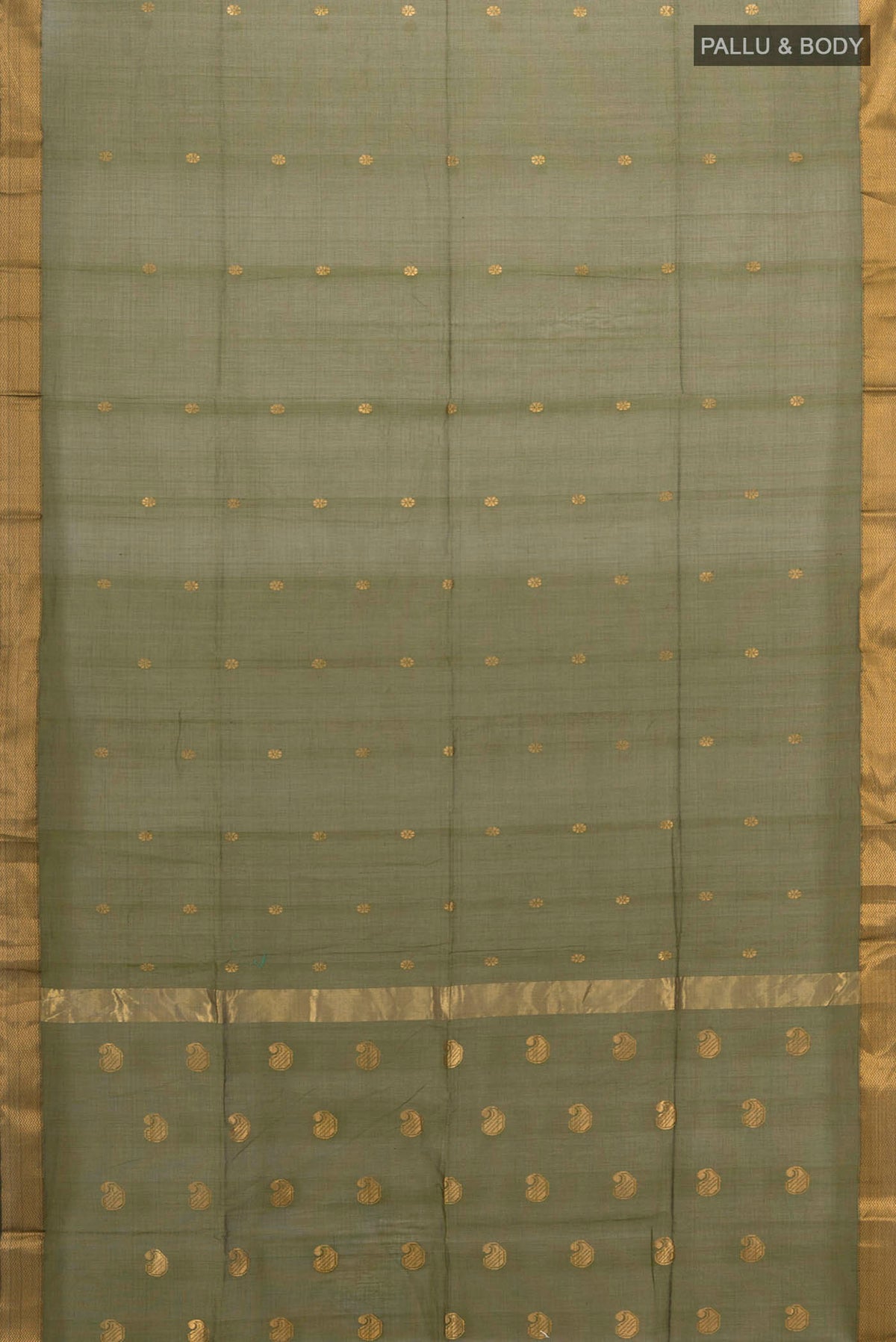 Flat view of Mehandi Green Maheshwari Silk Cotton Saree with Zari Butta on the body and Silk Border