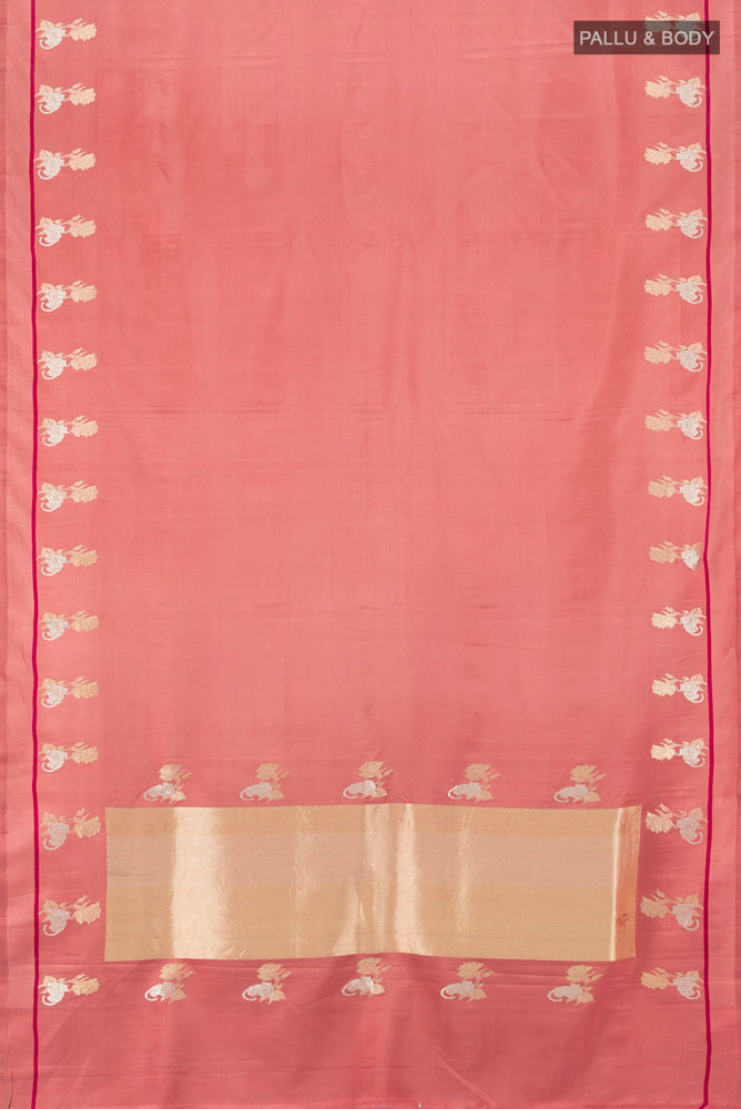 Flat view of Pure Silk Pure Zari Bronze Banarasi Katan Saree with Zari Butta on the body and Silk Border. 