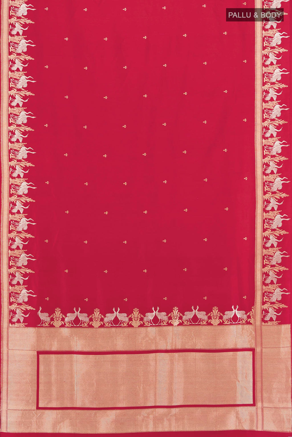 Flat view of Red Banarasi Silk Saree with Zari Butta on the body and Zari Border. 