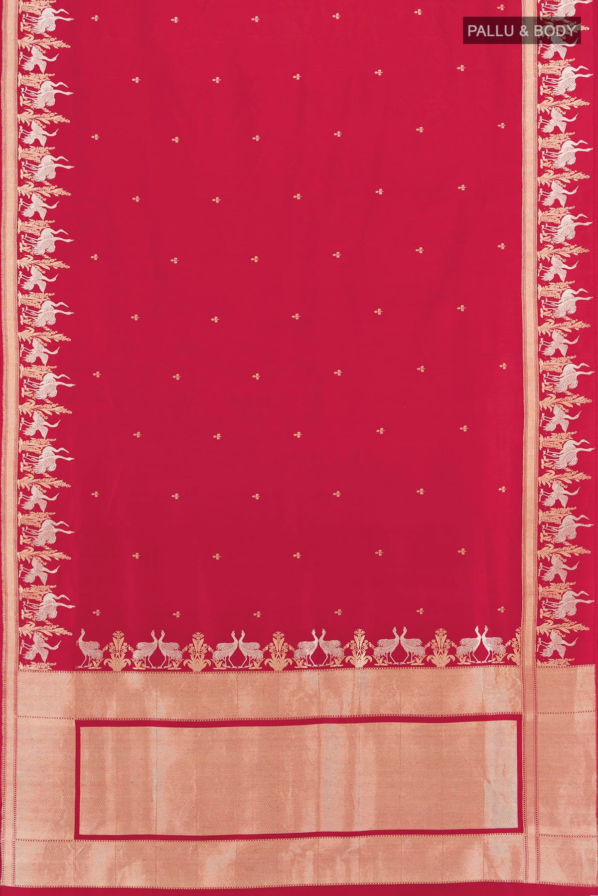 Flat view of Red Banarasi Silk Saree with Zari Butta on the body and Zari Border. 