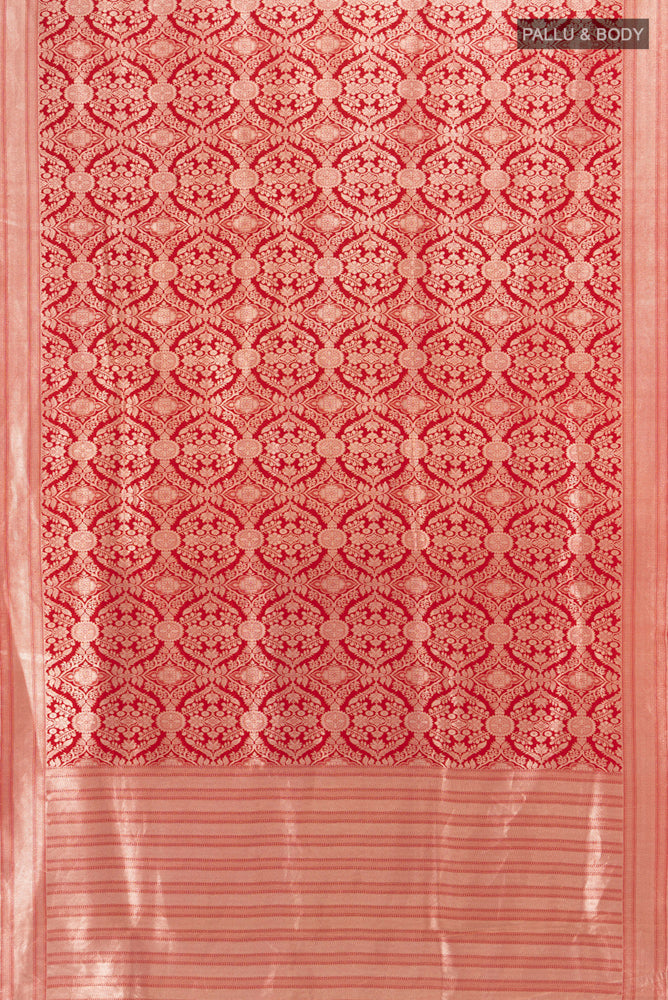 Flat view of Red Banarasi Silk Saree with Zari Butta on the body and Silk Border. 