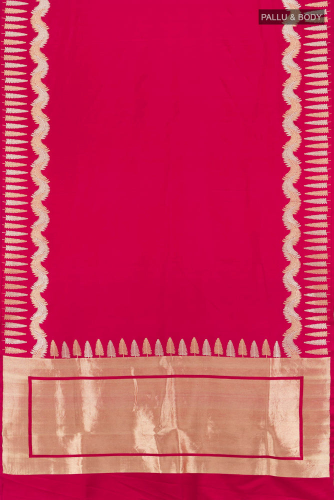 Flat view of Pure Silk Pure Zari Dark Pink Banarasi Katan Saree with Zari Butta on the body and Silk Border. 