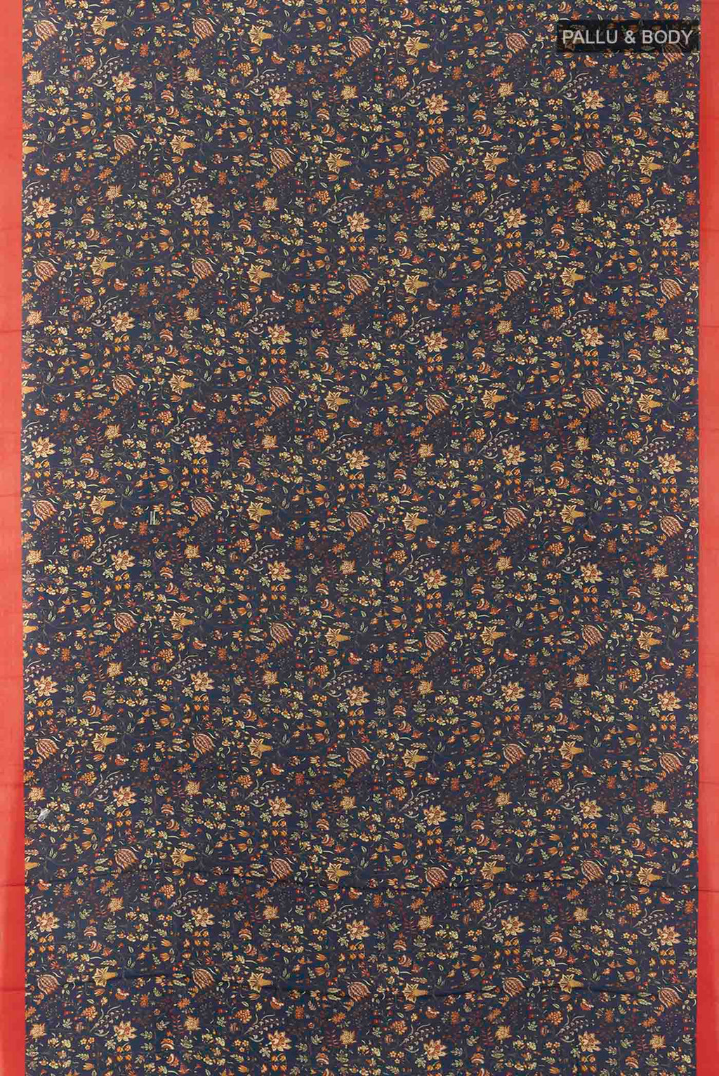 Flat view of Navy Blue Printed Silk Saree with Floral Print on the body and Fancy Border