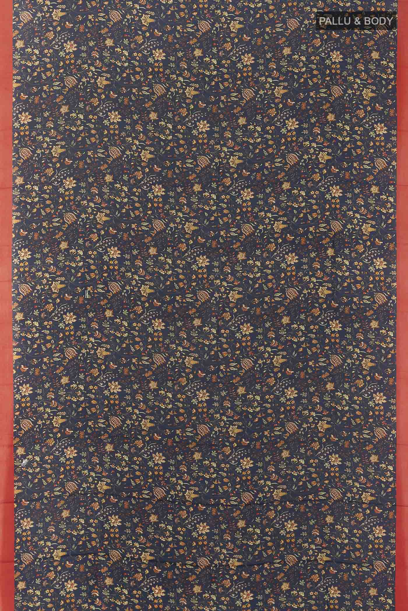 Flat view of Navy Blue Printed Silk Saree with Floral Print on the body and Fancy Border