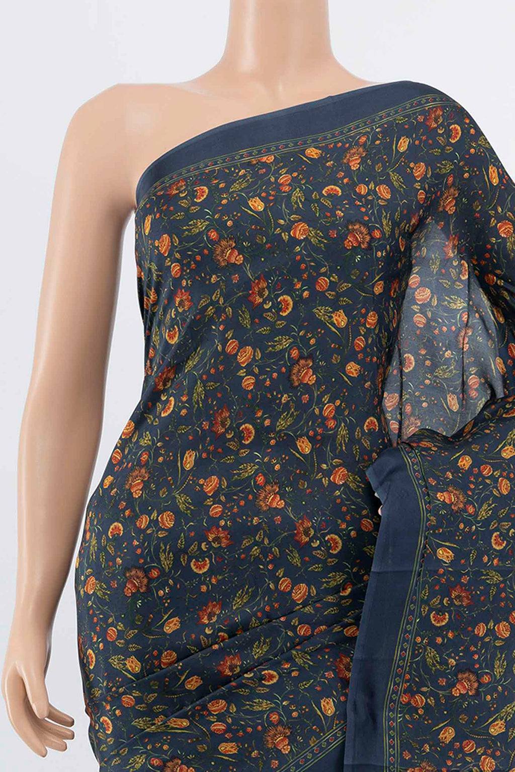Border image of Pure Silk Pure Zari Indigo Printed Saree with Floral Print on the body and Fancy Border