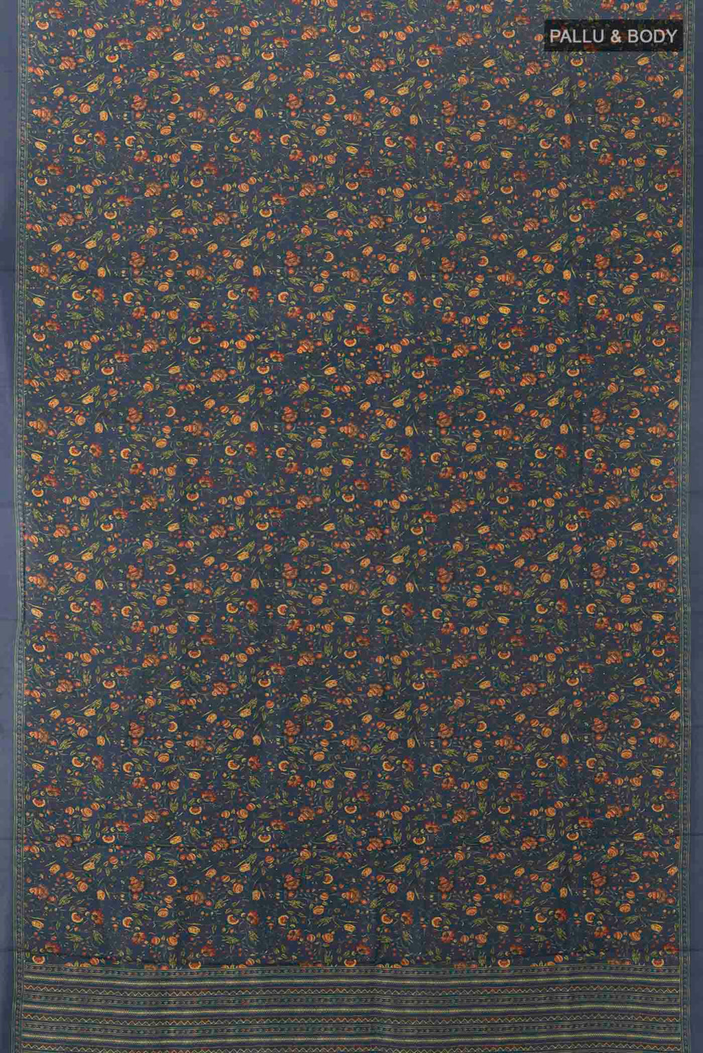 Flat view of Pure Silk Pure Zari Indigo Printed Saree with Floral Print on the body and Fancy Border