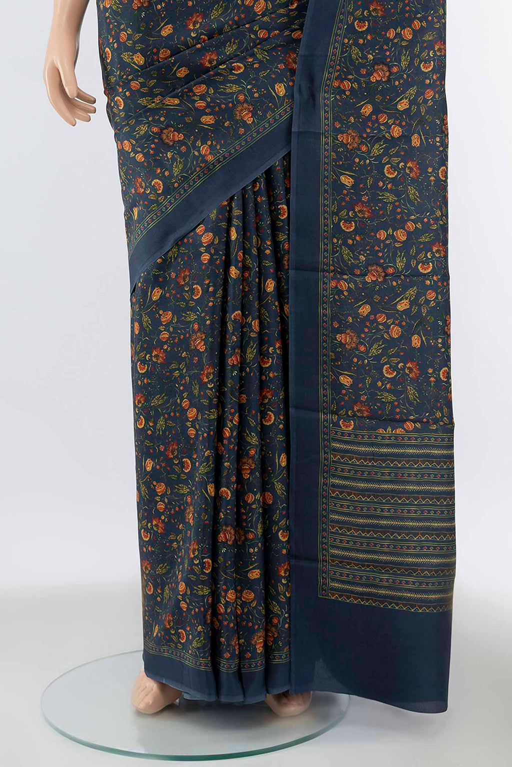 Pleats and pallu of Pure Silk Pure Zari Indigo Printed Saree with Floral Print on the body and Fancy Border