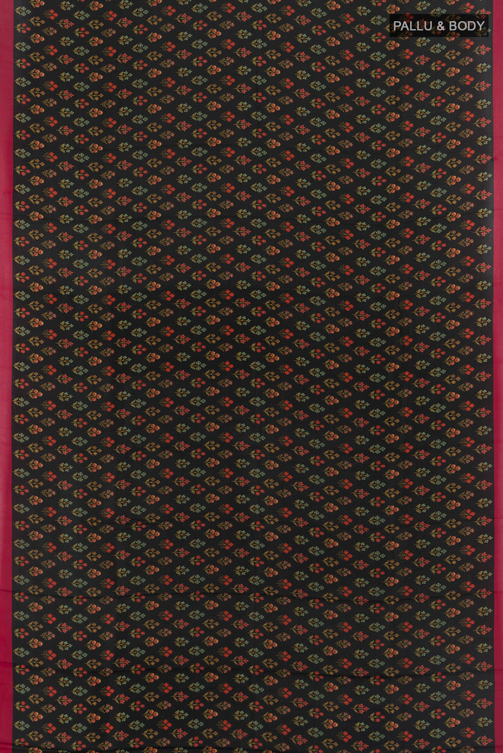 Flat view of Black Printed Silk Saree with Floral Print on the body and Printed Border. 