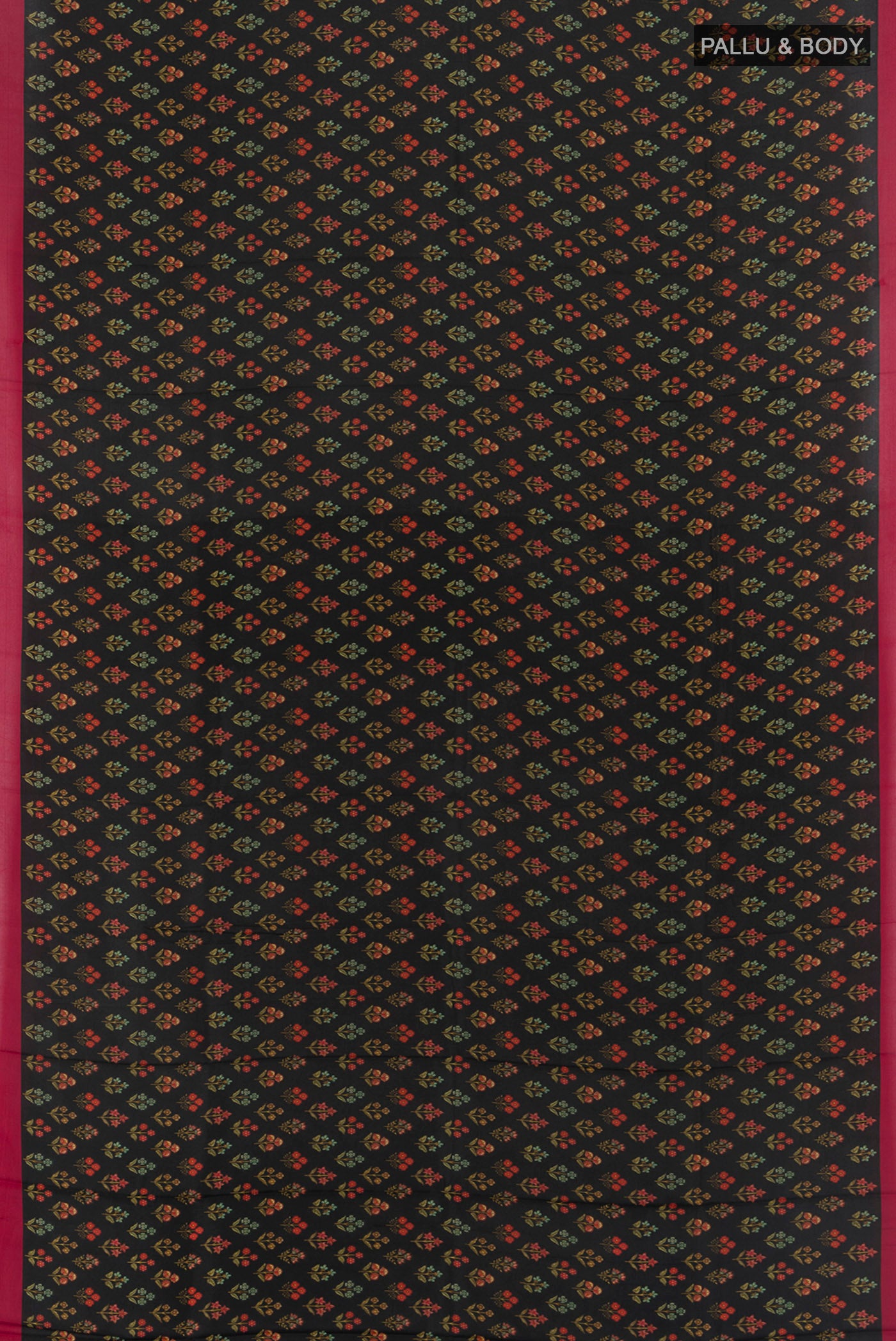 Flat view of Black Printed Silk Saree with Floral Print on the body and Printed Border. 