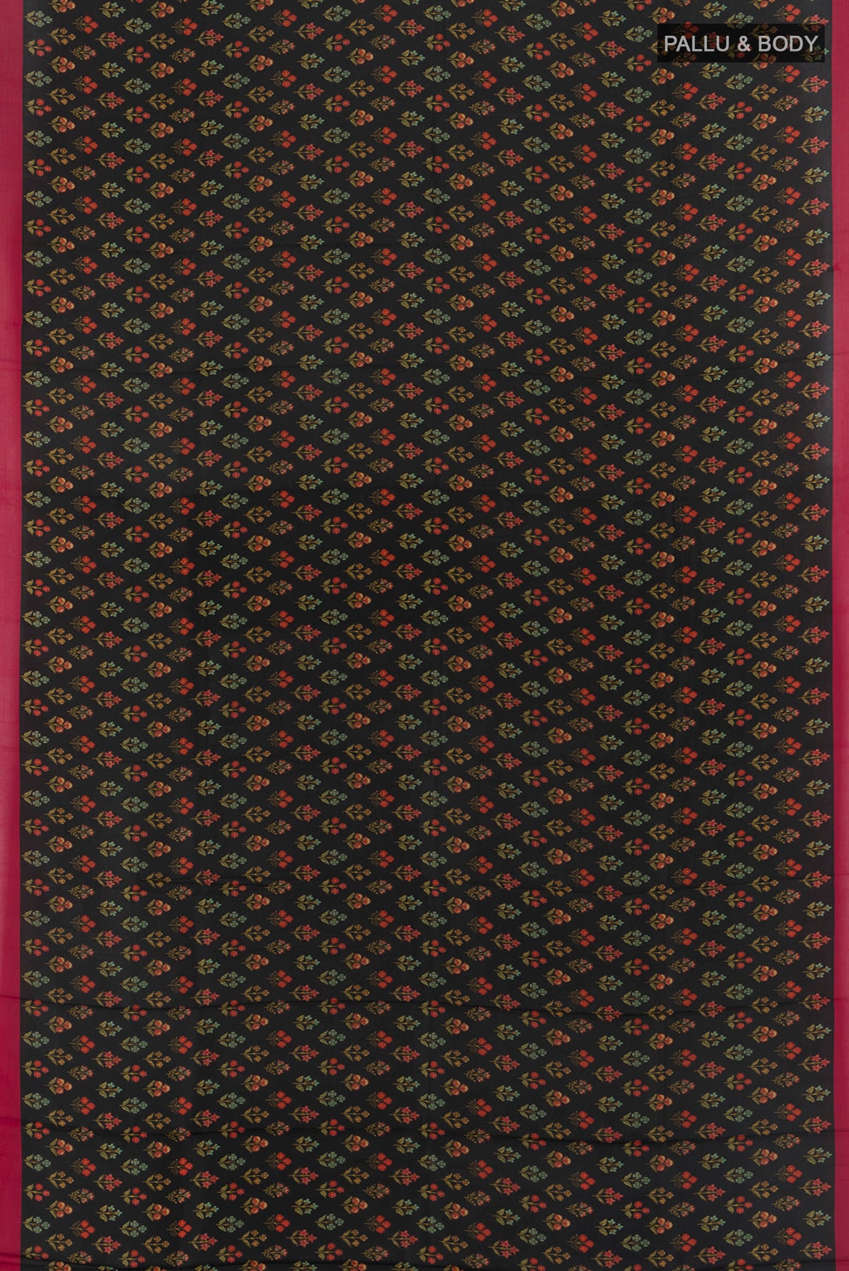 Flat view of Black Printed Silk Saree with Floral Print on the body and Printed Border. 
