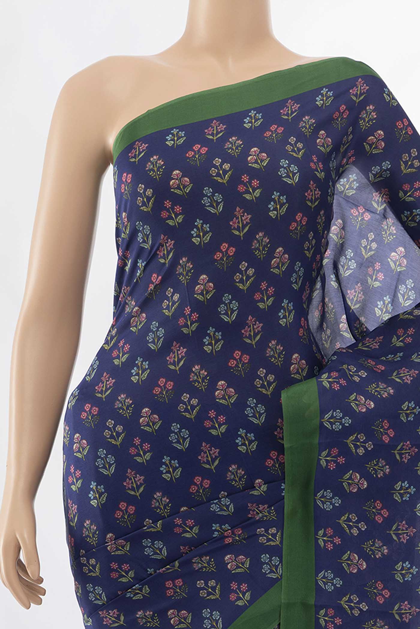 Border image of Navy Blue Printed Silk Saree with Floral Print on the body and Attached Border