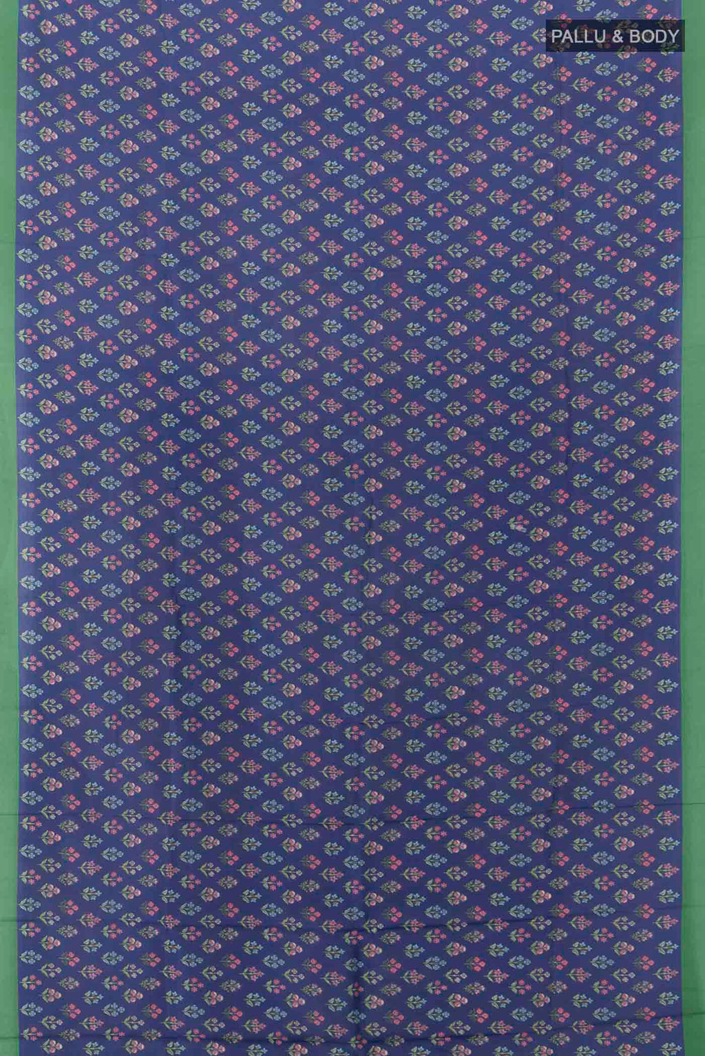 Flat view of Navy Blue Printed Silk Saree with Floral Print on the body and Attached Border