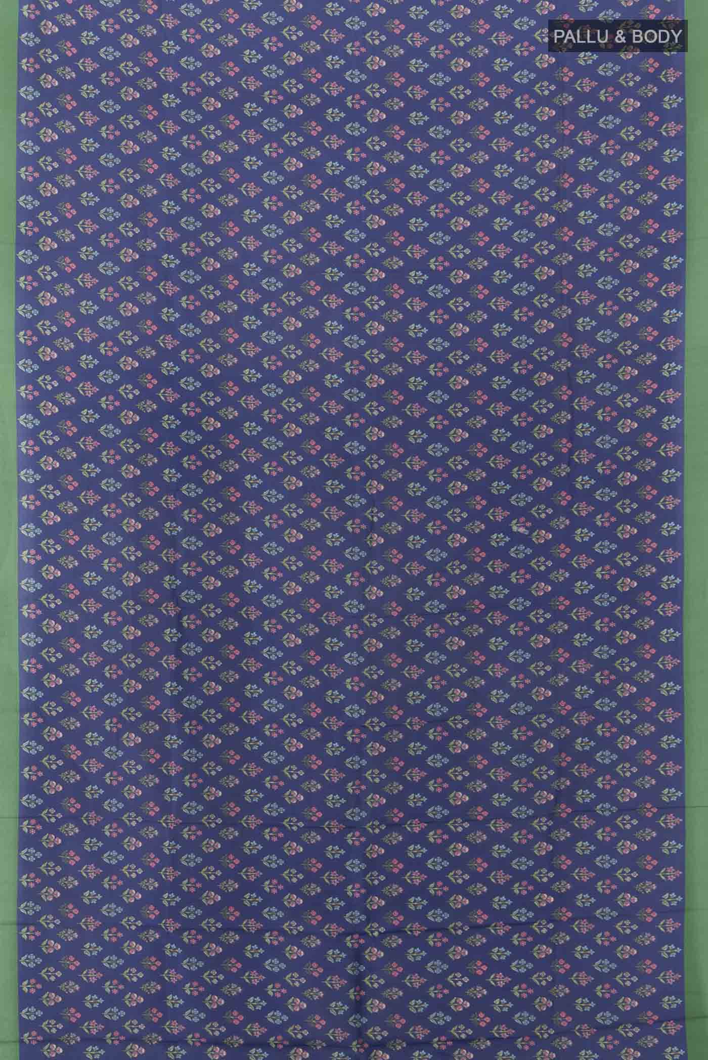 Flat view of Navy Blue Printed Silk Saree with Floral Print on the body and Attached Border