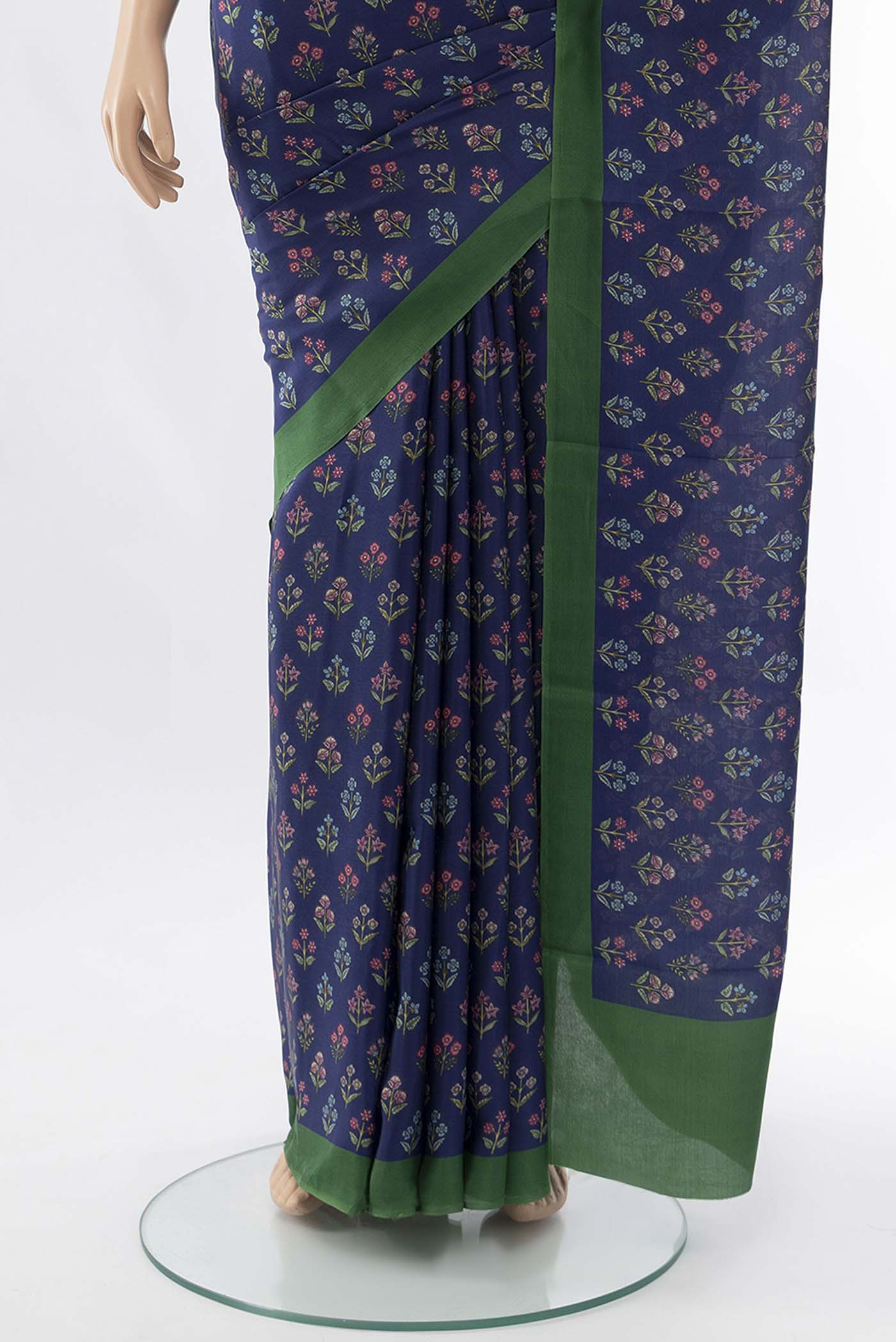Pleats and pallu of Navy Blue Printed Silk Saree with Floral Print on the body and Attached Border