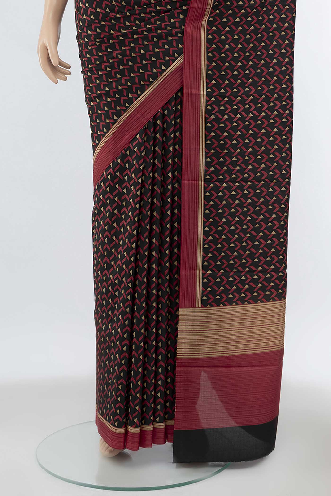 Pleats and pallu of Pure Silk Pure Zari Black Printed Saree with Floral Print on the body and Fancy Border