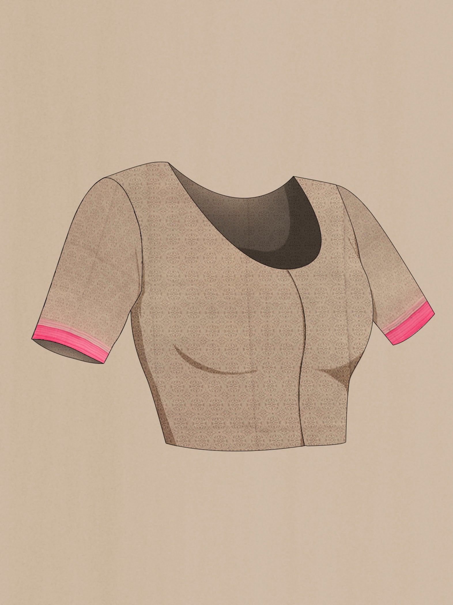 Close up image of the blouse of Rust Printed Silk Saree with Floral Print on the body and Silk Border