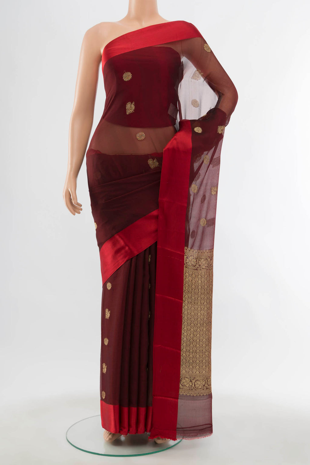 Maroon Chiffon Saree with Zari Butta on the body and Silk Border displayed on a mannequin