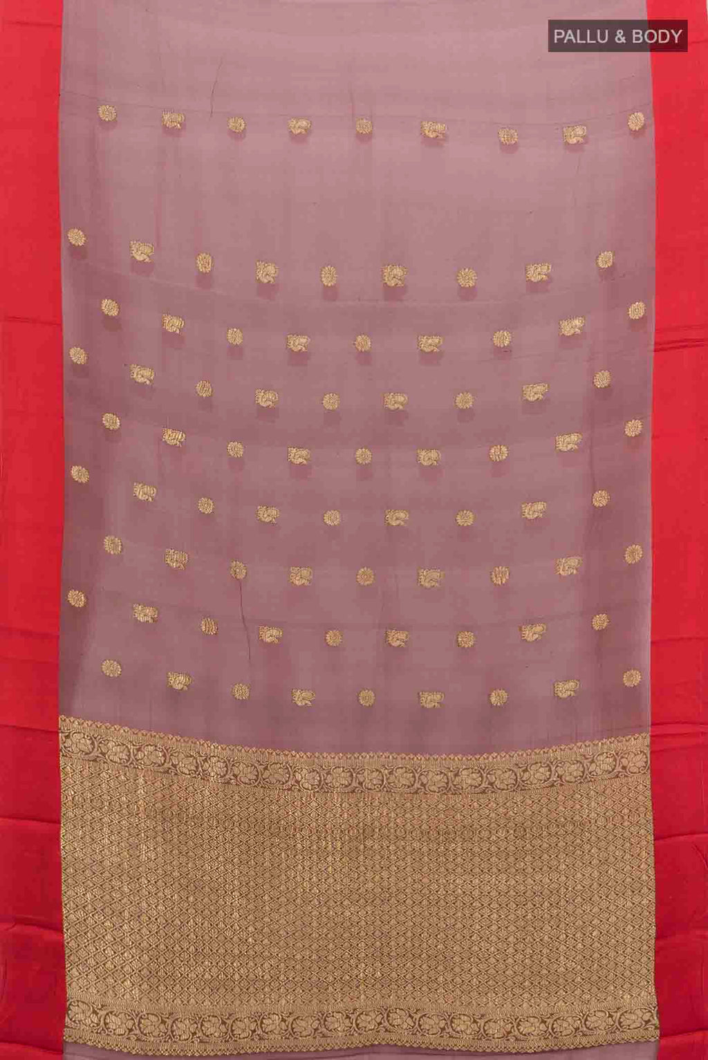 Flat view of Maroon Chiffon Saree with Zari Butta on the body and Silk Border