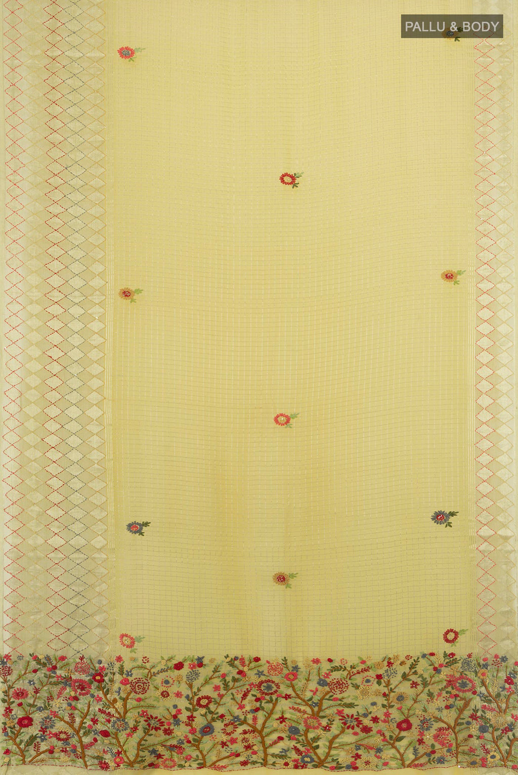 Flat view of Light Green Georgette Saree with Zari Butta on the body and Silk Border. 