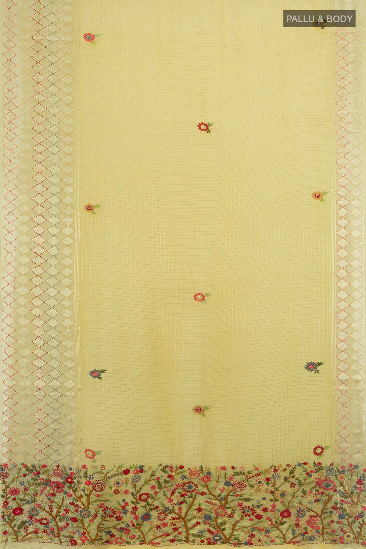 Flat view of Light Green Georgette Saree with Zari Butta on the body and Silk Border. 