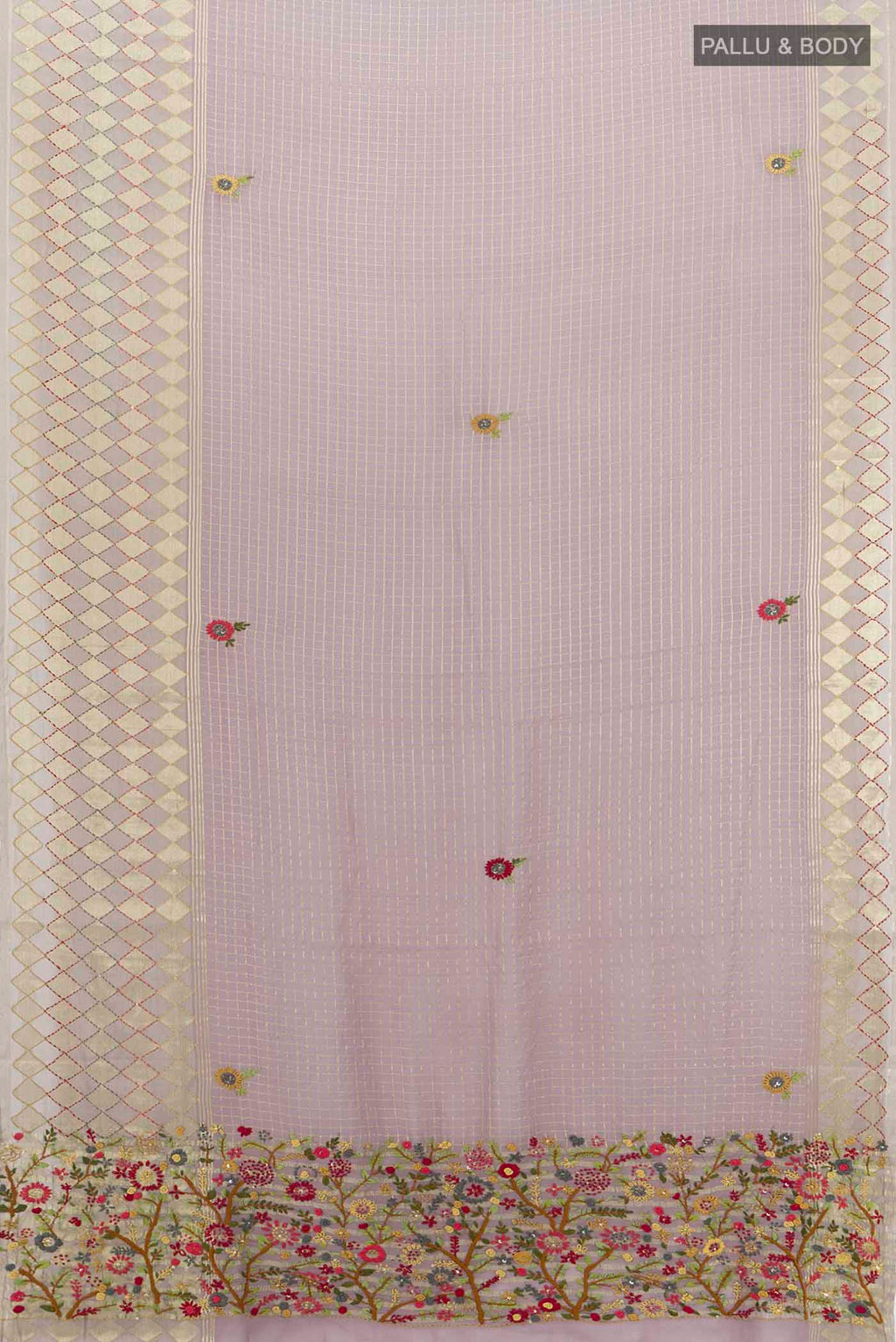 Flat view of Grey Georgette Saree with Zari Brocade on the body and Silk Border
