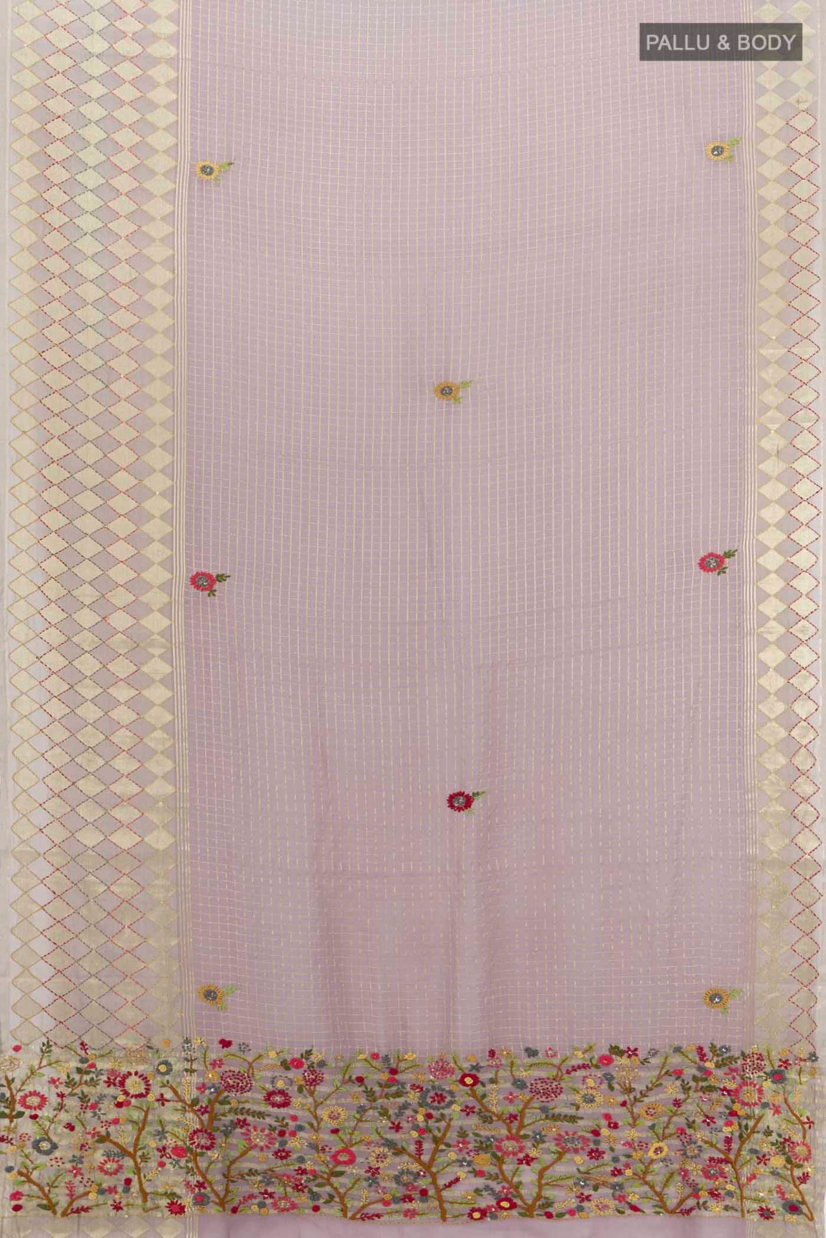 Flat view of Grey Georgette Saree with Zari Brocade on the body and Silk Border