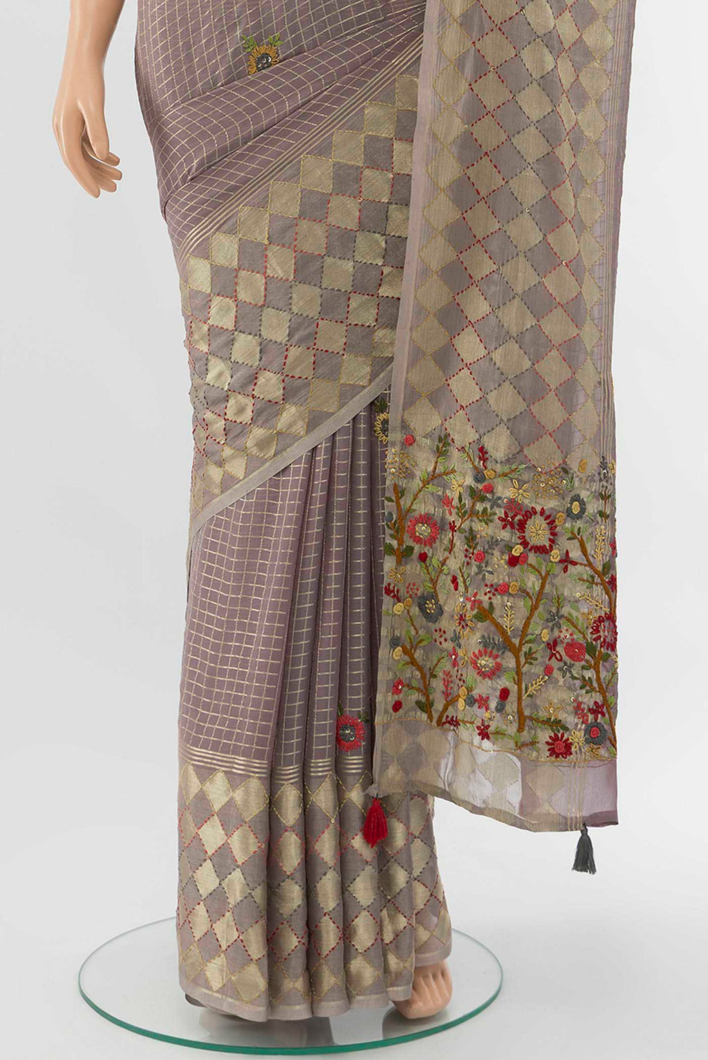 Pleats and pallu of Grey Georgette Saree with Zari Brocade on the body and Silk Border