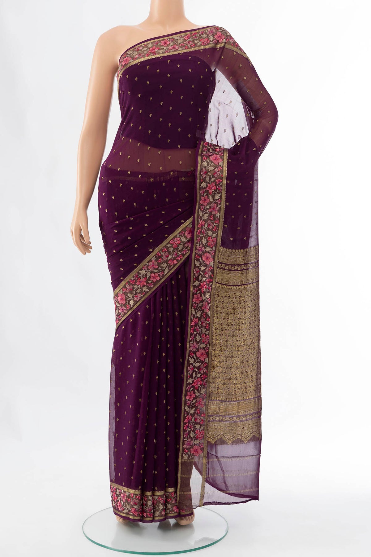 Magenta Mysore Chiffon Saree with Zari Butta on the body and Silk Border displayed on a mannequin
