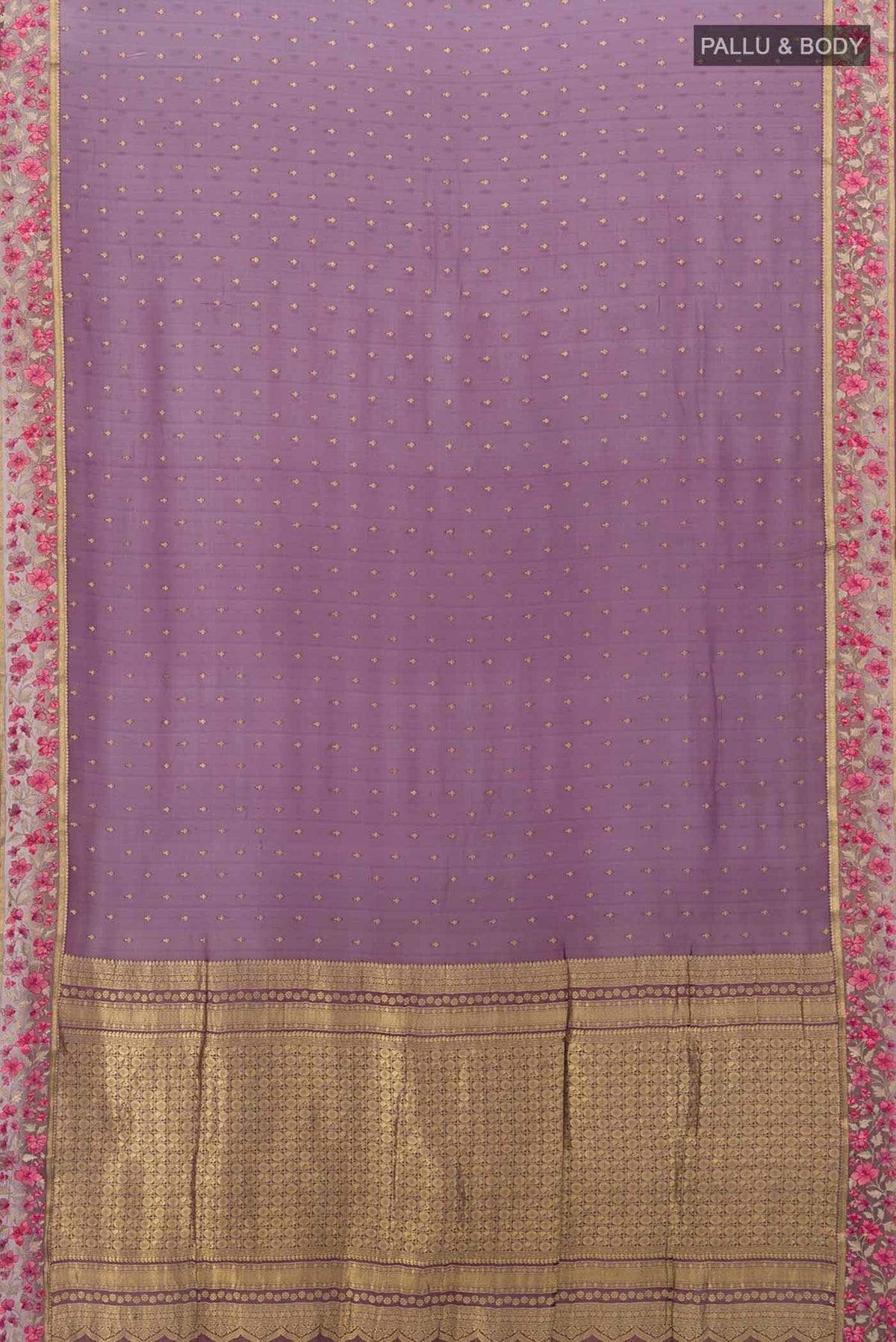 Flat view of Magenta Mysore Chiffon Saree with Zari Butta on the body and Silk Border