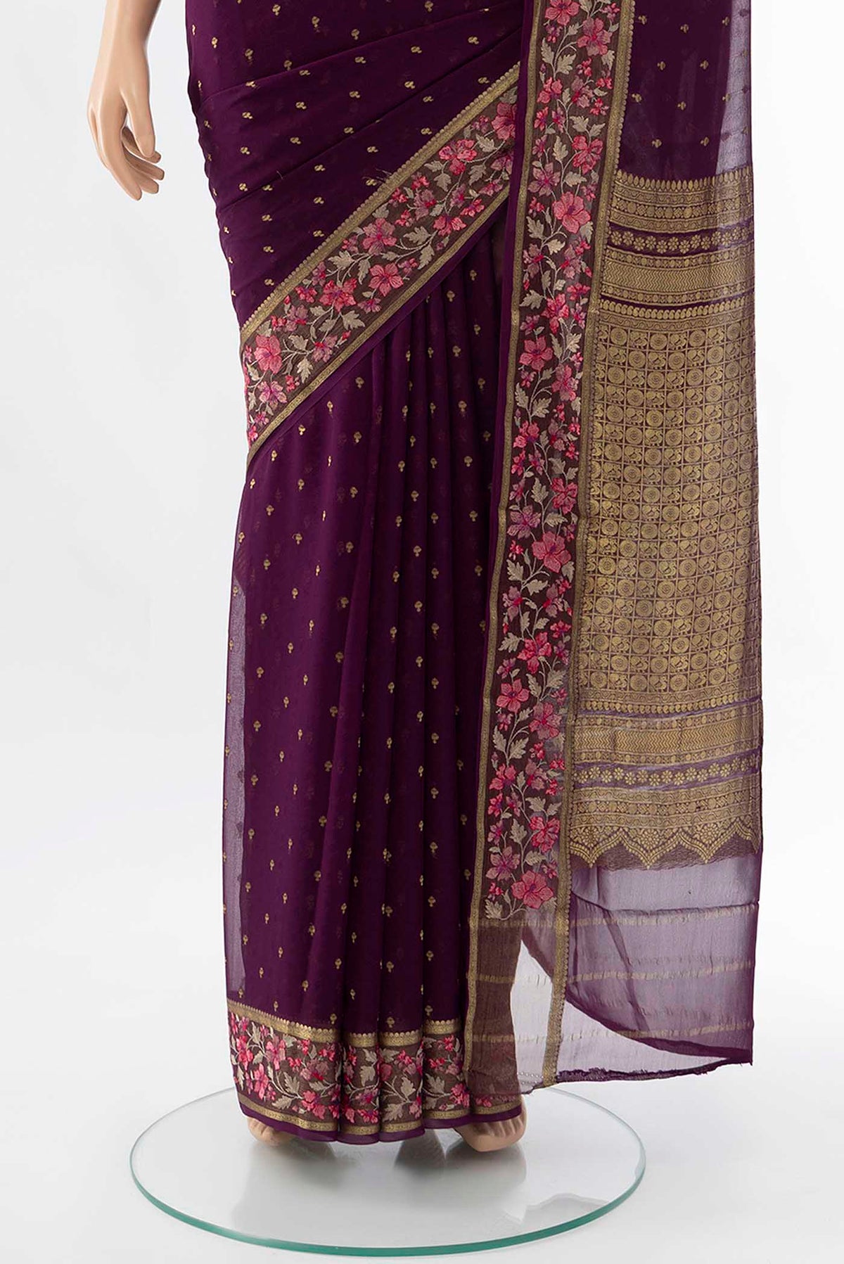 Pleats and pallu of Magenta Mysore Chiffon Saree with Zari Butta on the body and Silk Border