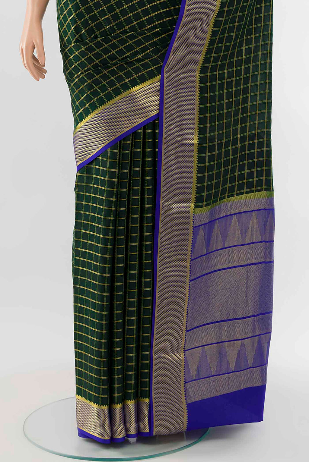 Pleats and pallu of Bottle Green Mysore Crepe Saree with Zari Butta on the body and Silk Border
