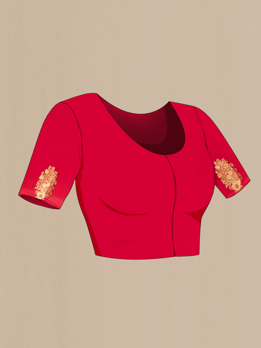 Close up image of the blouse of Pure Silk Red Mysore Crepe Saree with Plain Body and Fancy Border. 
