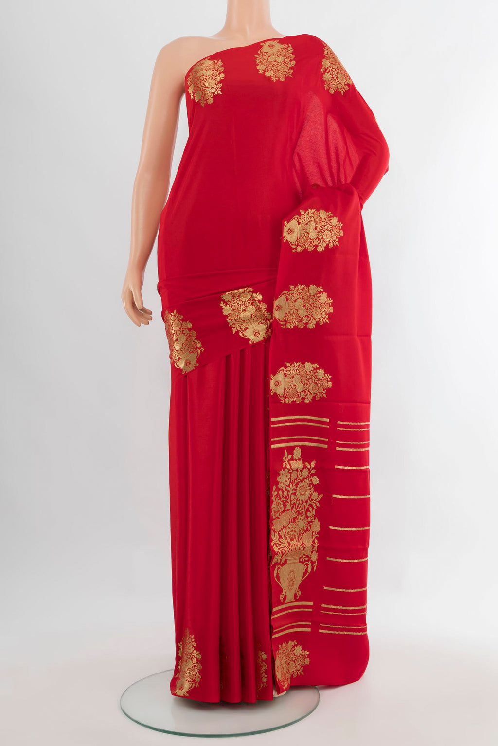 Pure Silk Red Mysore Crepe Saree with Plain Body and Fancy Border.  displayed on a mannequin