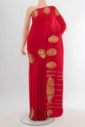 Pure Silk Red Mysore Crepe Saree with Plain Body and Fancy Border.  displayed on a mannequin