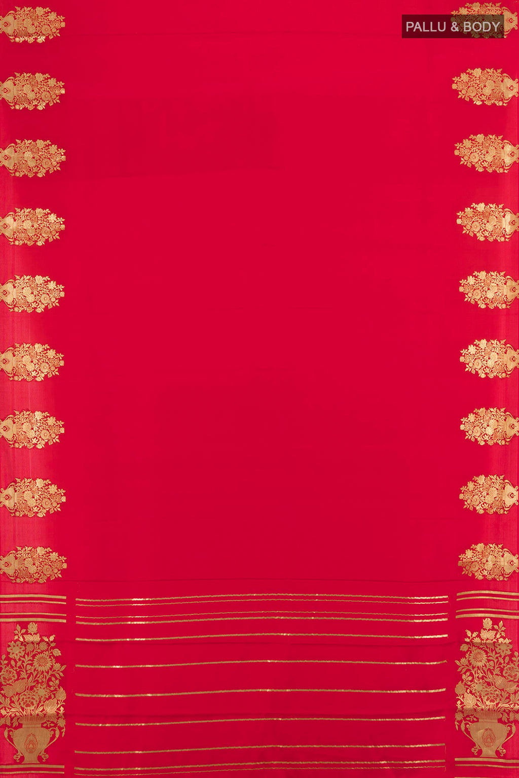 Flat view of Pure Silk Red Mysore Crepe Saree with Plain Body and Fancy Border. 