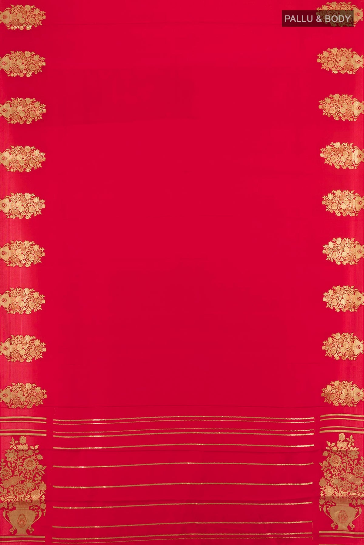 Flat view of Pure Silk Red Mysore Crepe Saree with Plain Body and Fancy Border. 