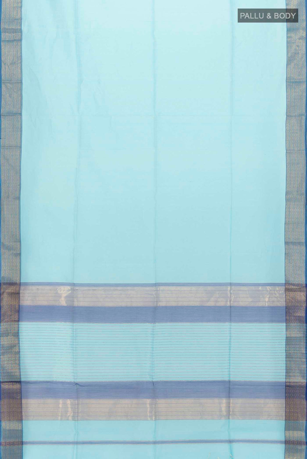 Flat view of Sky Blue Maheshwari Silk Cotton Saree with Zari Butta on the body and Silk Border