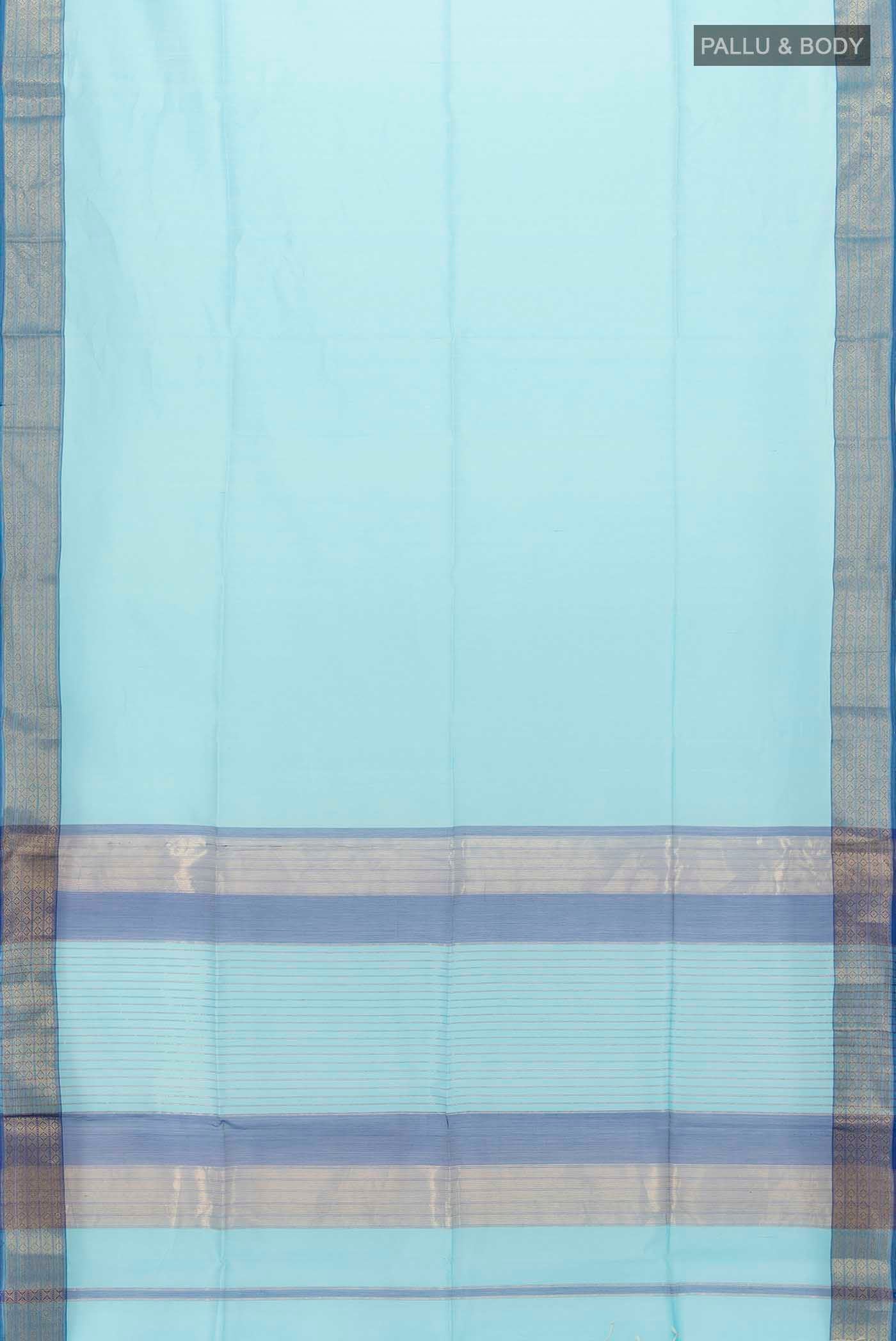 Flat view of Sky Blue Maheshwari Silk Cotton Saree with Zari Butta on the body and Silk Border