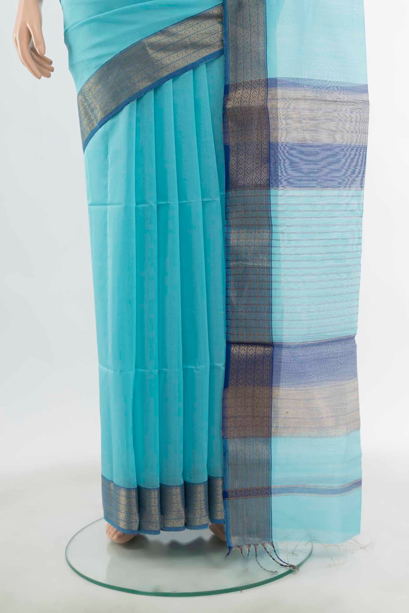 Pleats and pallu of Sky Blue Maheshwari Silk Cotton Saree with Zari Butta on the body and Silk Border