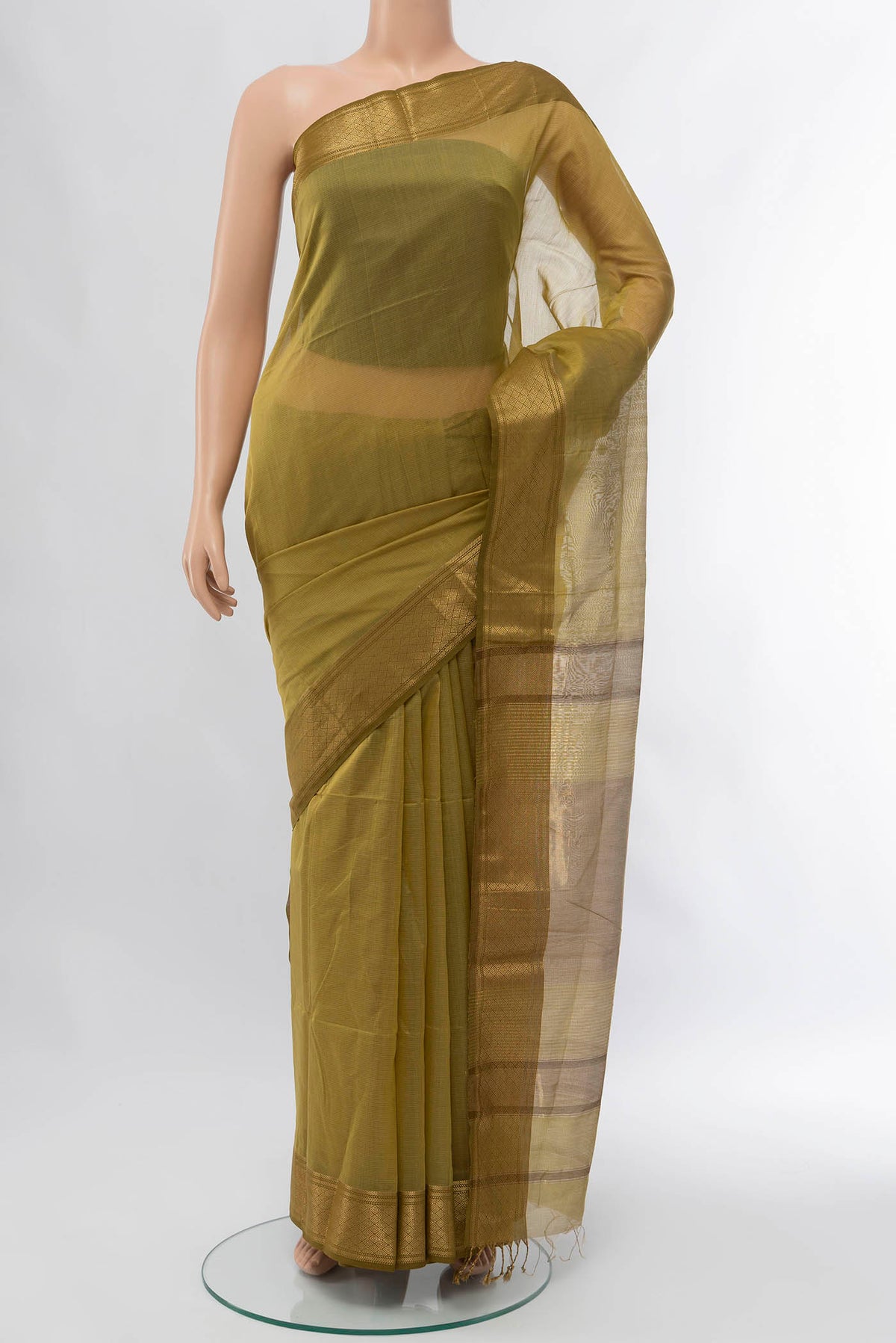 Mehandi Green Maheshwari Silk Cotton Saree with Zari Brocade on the body and Silk Border displayed on a mannequin