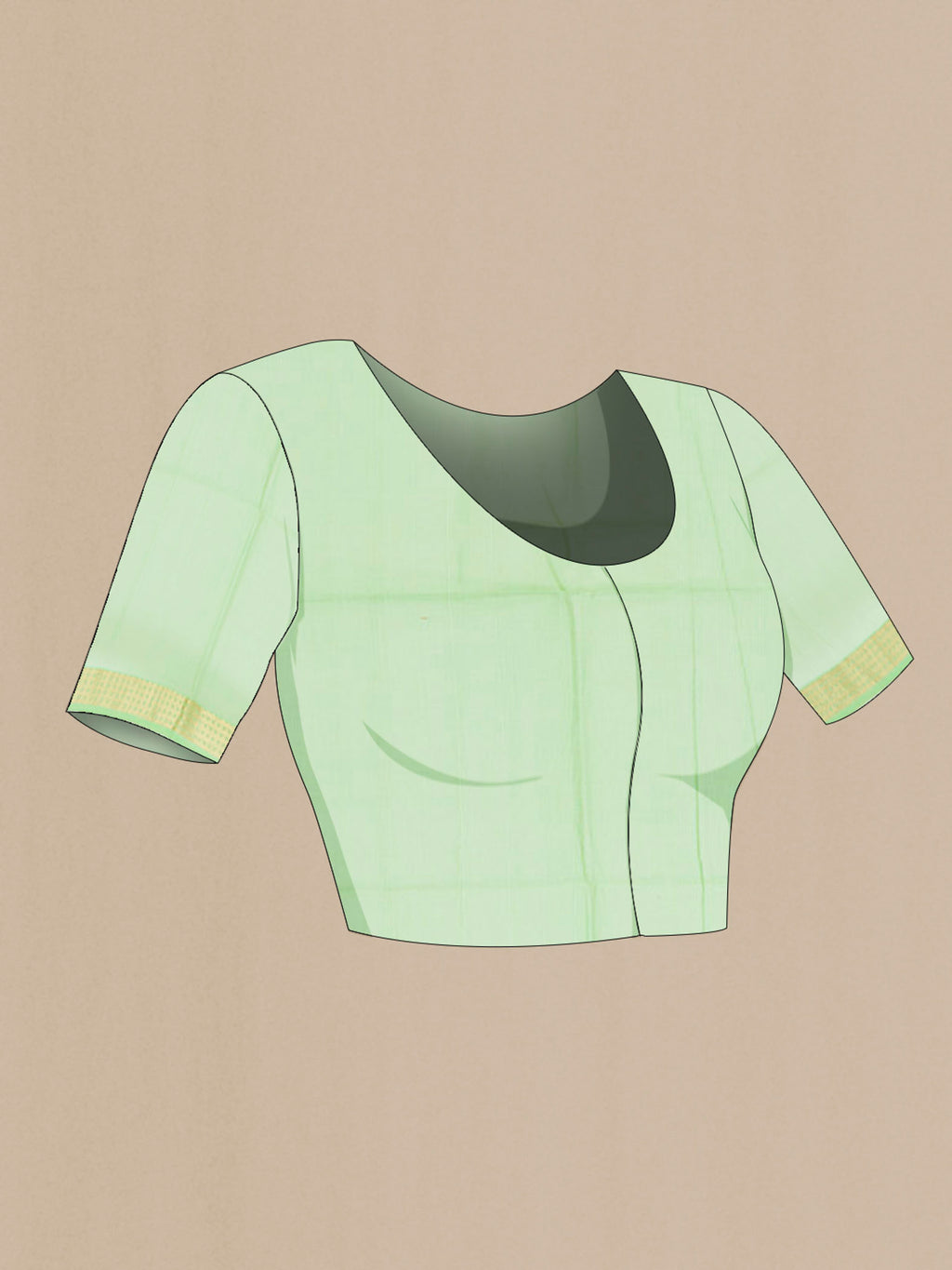 Close up image of the blouse of Light Green Maheshwari Silk Cotton Saree with Zari Butta on the body and Silk Border