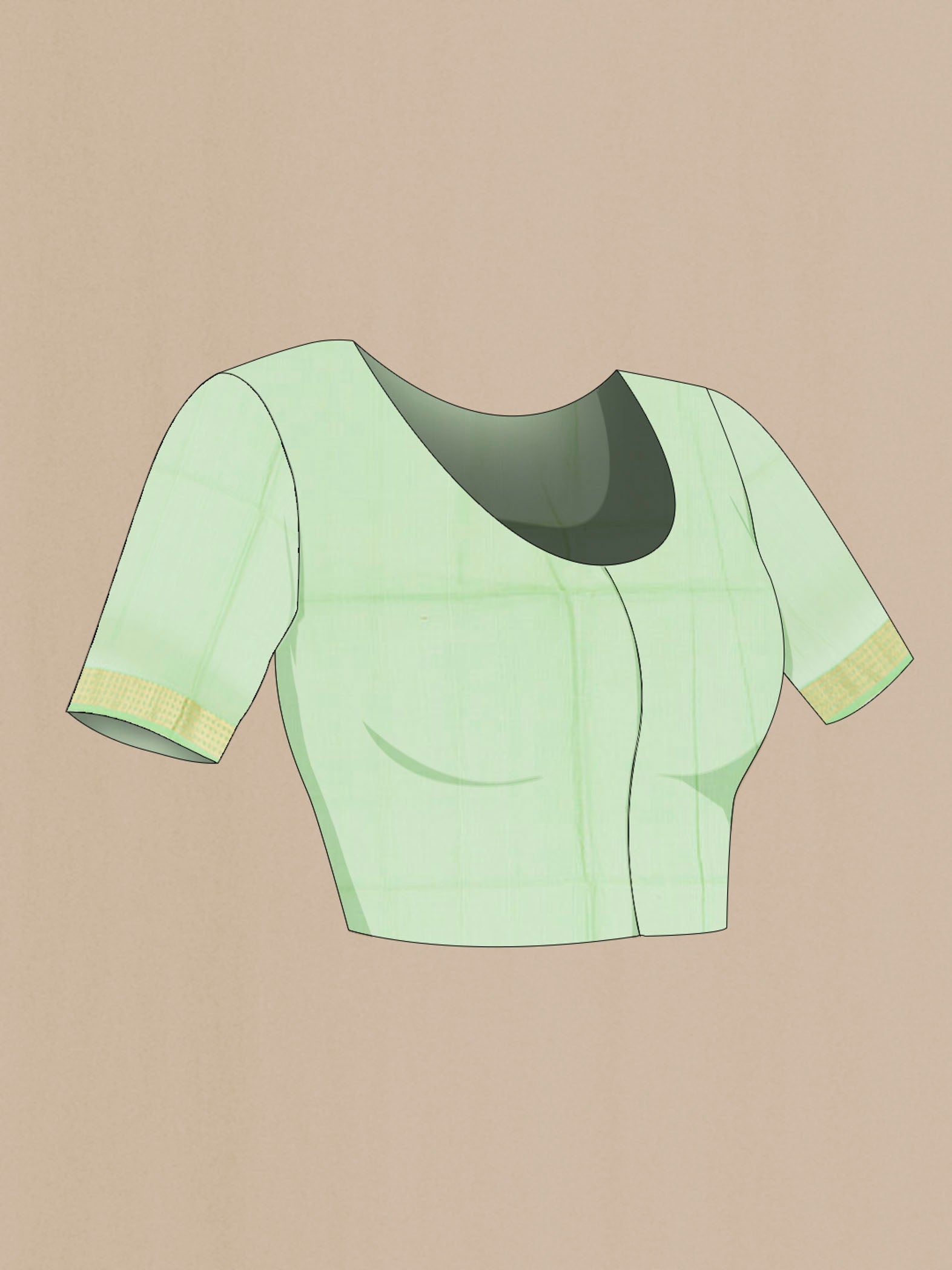 Close up image of the blouse of Light Green Maheshwari Silk Cotton Saree with Zari Butta on the body and Silk Border