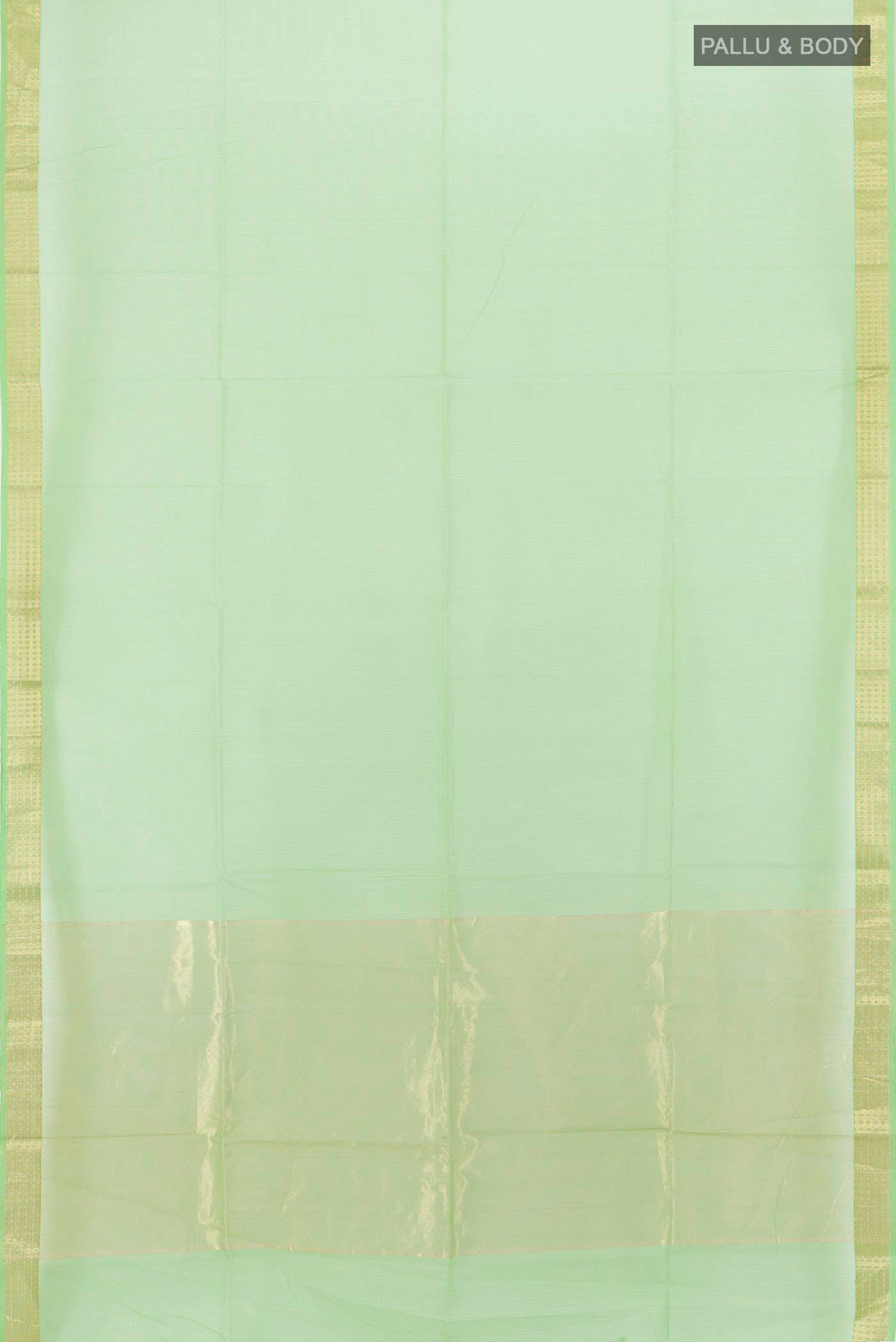 Flat view of Light Green Maheshwari Silk Cotton Saree with Zari Butta on the body and Silk Border