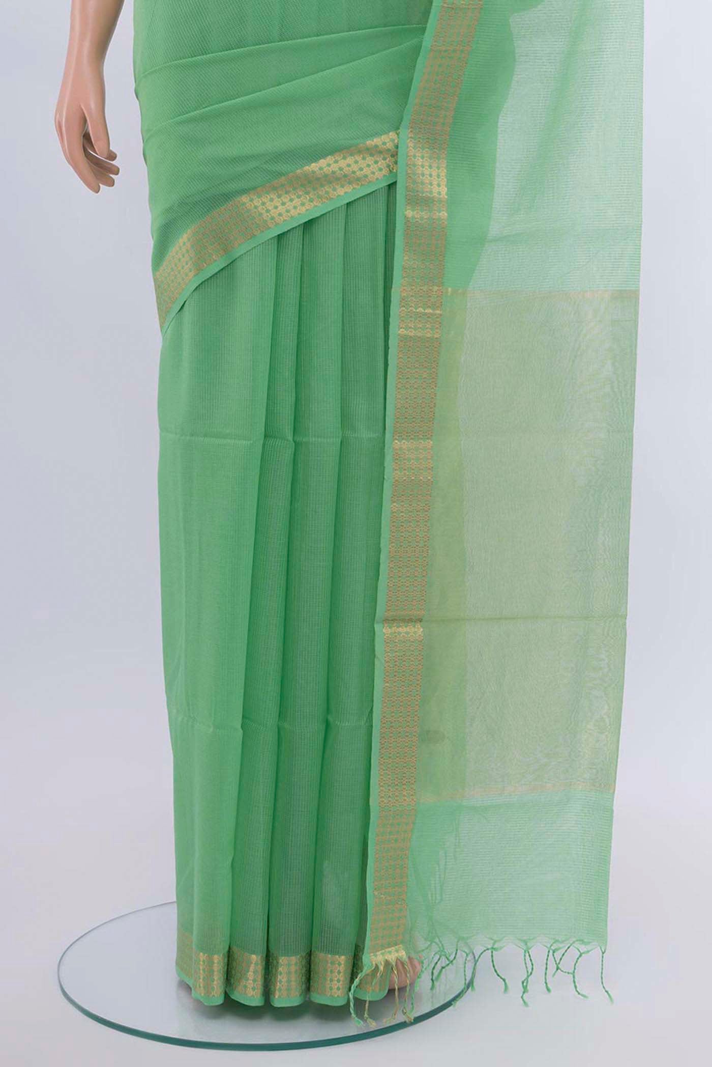 Pleats and pallu of Light Green Maheshwari Silk Cotton Saree with Zari Butta on the body and Silk Border