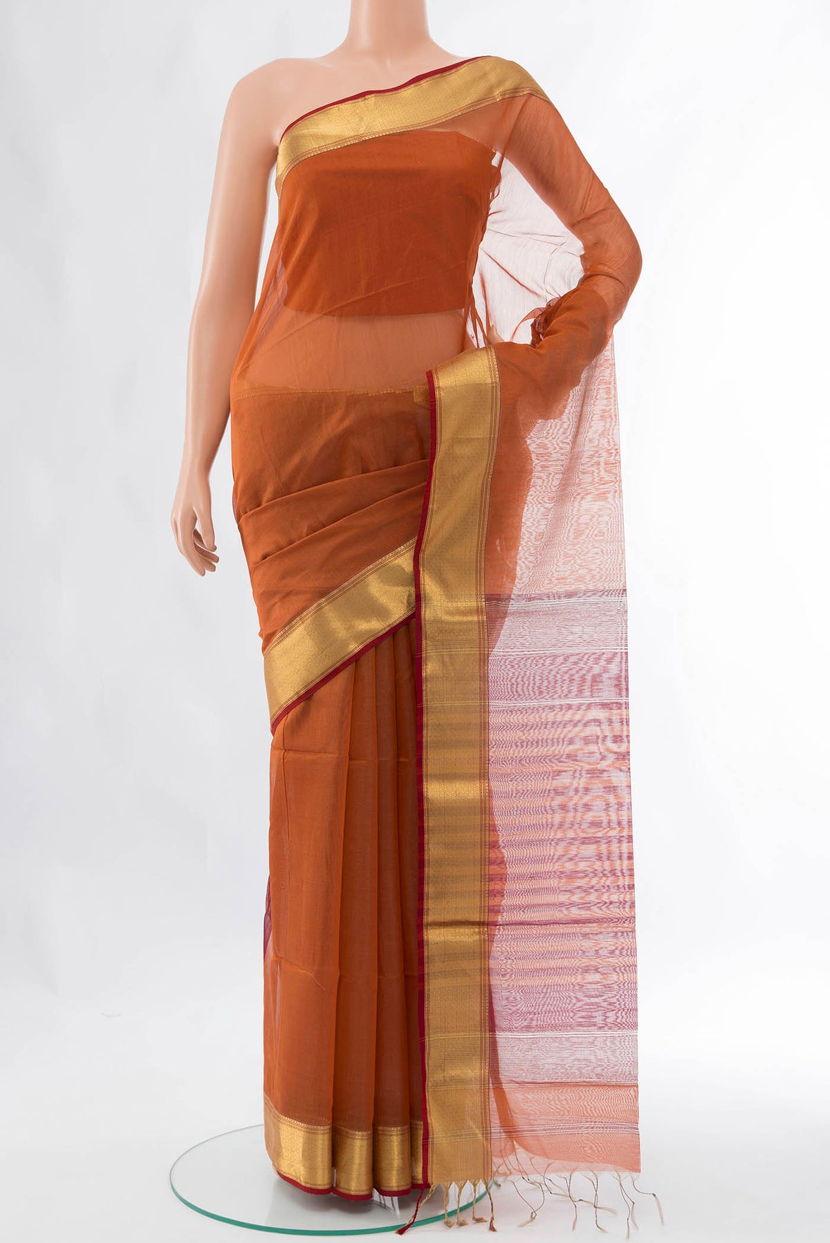 Brown Maheshwari Silk Cotton Saree with Plain Body and Zari Border displayed on a mannequin