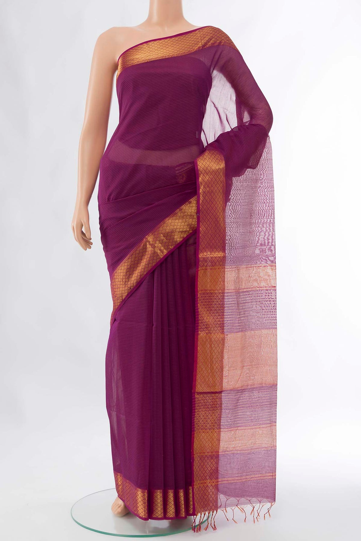 Purple Maheshwari Silk Cotton Saree with Stripes on the body and Zari Border displayed on a mannequin