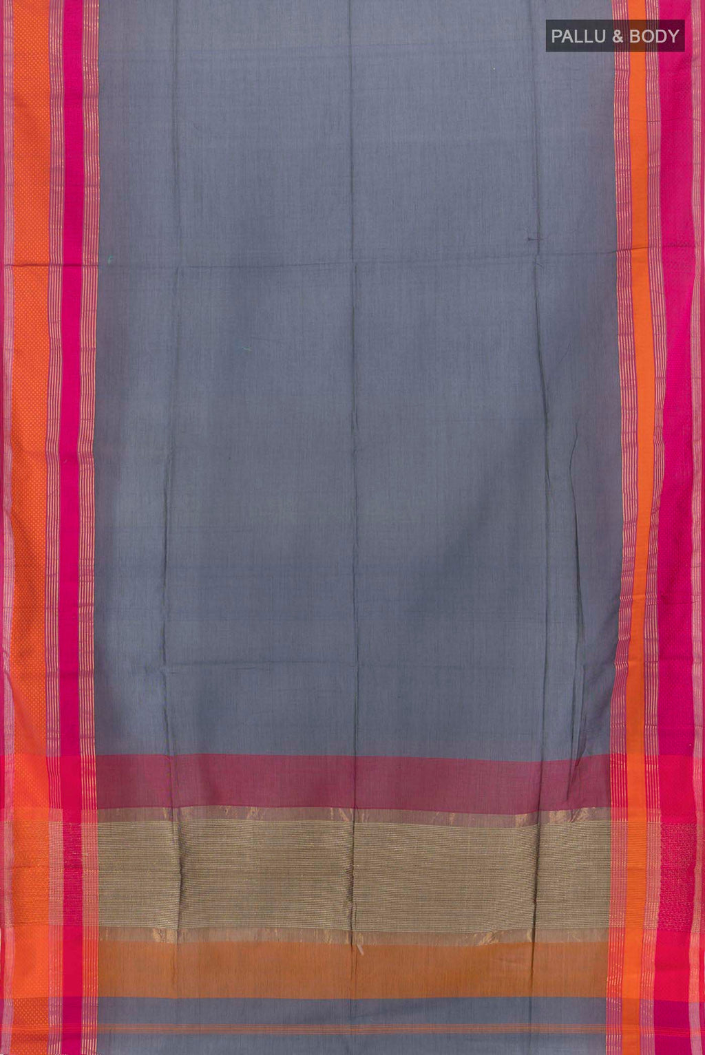 Flat view of Grey Maheshwari Silk Cotton Saree with Zari Butta on the body and Silk Border. 